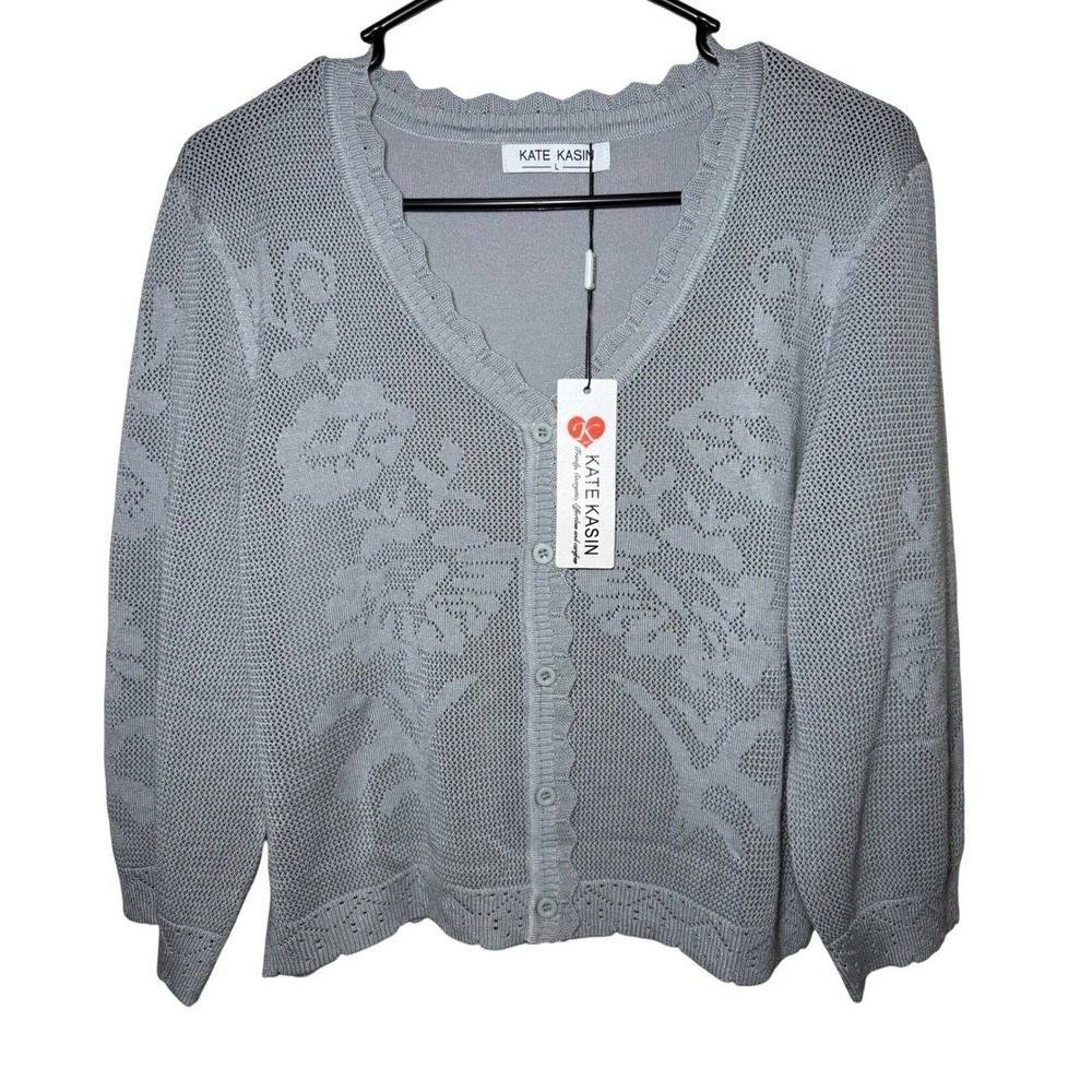 Kate Kasin Mesh Cardigan Womens Large Floral Knit NWT